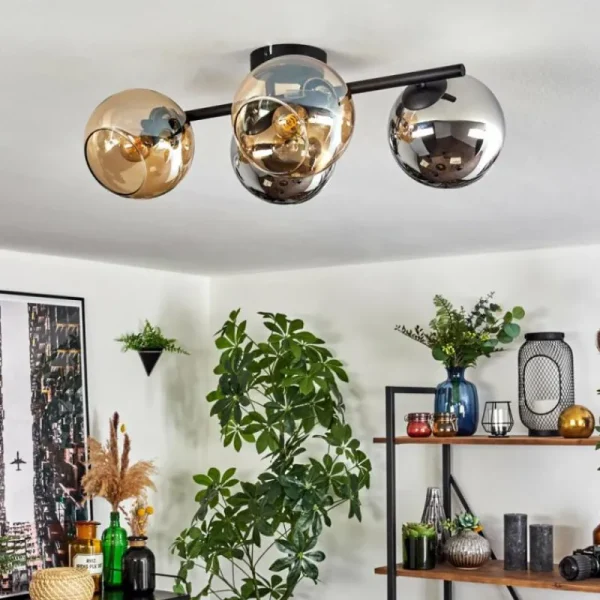 hofstein Koyoto Plafonnier, Boule lumineuse Ambre, Chrome, Fumé, 4 lumières* Lampes Modernes