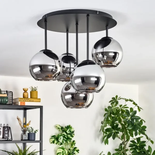 hofstein Koyoto Plafonnier, Boule lumineuse 45 cm Chrome, Fumé, 5 lumières* Lampes Modernes