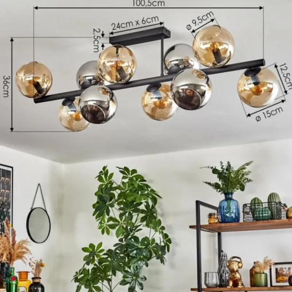 hofstein Koyoto Plafonnier, Boule lumineuse Ambre, Chrome, Fumé, 10 lumières* Lampes Modernes