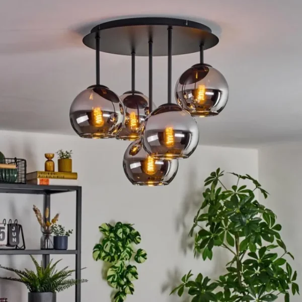 hofstein Koyoto Plafonnier, Boule lumineuse 45 cm Chrome, Fumé, 5 lumières* Lampes Modernes