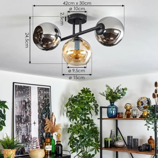 hofstein Koyoto Plafonnier, Boule lumineuse Ambre, Chrome, Fumé, 3 lumières* Lampes Modernes