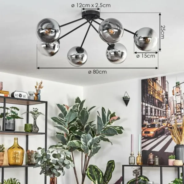 hofstein Koyoto Plafonnier, Boule lumineuse 80 cm Clair, Fumé, 6 lumières* Lampes Modernes