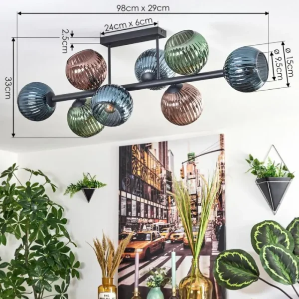 hofstein Koyoto Plafonnier, Boule lumineuse Bleu, Vert, Cuivré, 8 lumières* Lampes Modernes