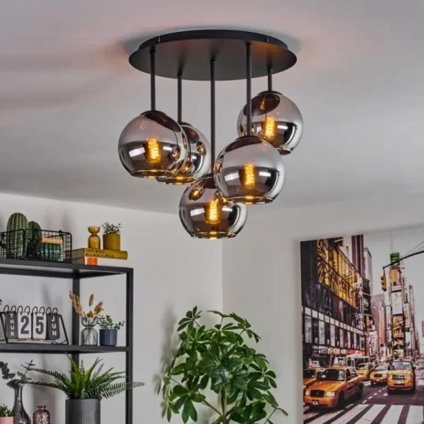 hofstein Koyoto Plafonnier, Boule lumineuse 45 cm Chrome, Fumé, 5 lumières* Lampes Modernes
