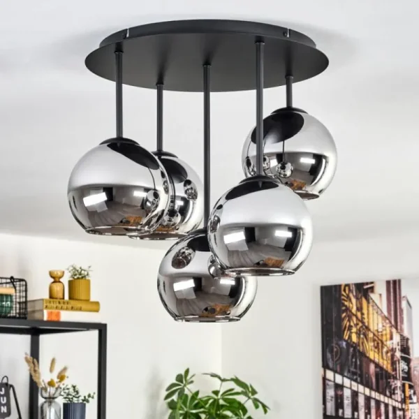 hofstein Koyoto Plafonnier, Boule lumineuse 45 cm Chrome, Fumé, 5 lumières* Lampes Modernes