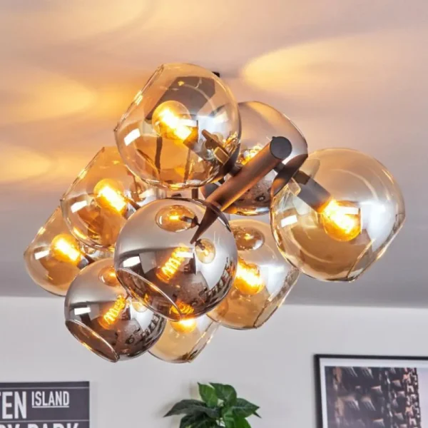 hofstein Koyoto Plafonnier, Boule lumineuse Ambre, Chrome, Fumé, 10 lumières* Lampes Modernes