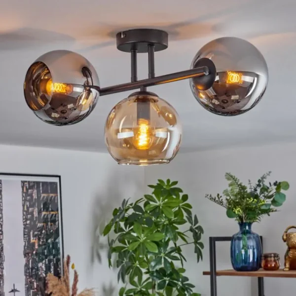 hofstein Koyoto Plafonnier, Boule lumineuse Ambre, Chrome, Fumé, 3 lumières* Lampes Modernes