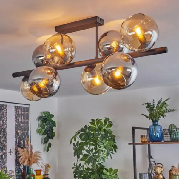 hofstein Koyoto Plafonnier, Boule lumineuse Ambre, Chrome, Fumé, 8 lumières* Lampes Modernes