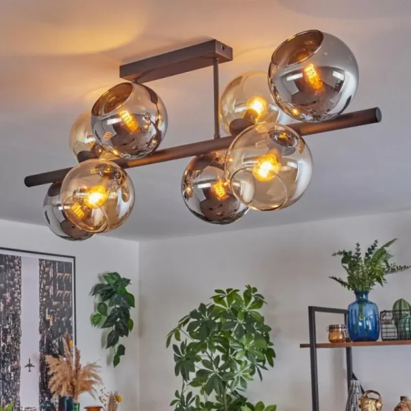 hofstein Koyoto Plafonnier, Boule lumineuse Ambre, Chrome, Fumé, 8 lumières* Lampes Modernes