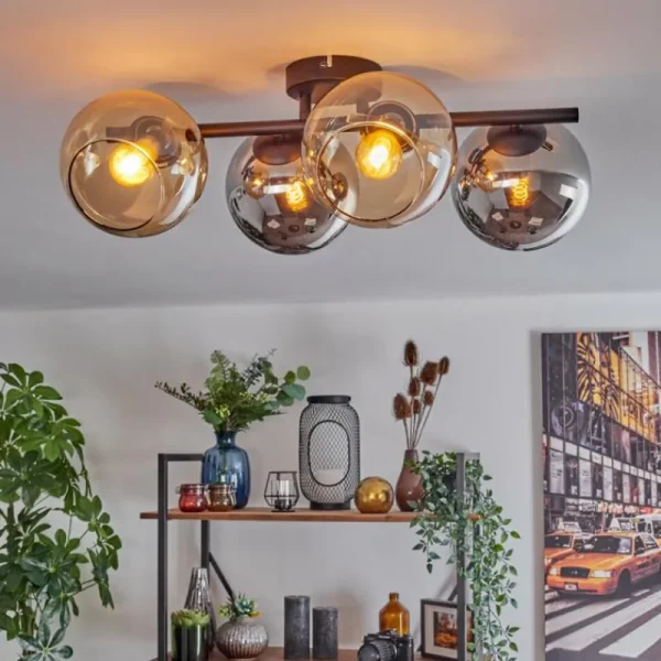 hofstein Koyoto Plafonnier, Boule lumineuse Ambre, Chrome, Fumé, 4 lumières* Lampes Modernes