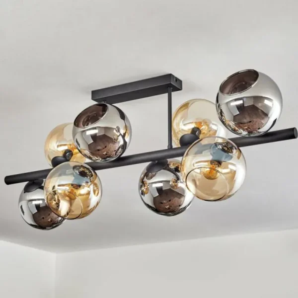 hofstein Koyoto Plafonnier, Boule lumineuse Ambre, Chrome, Fumé, 8 lumières* Lampes Modernes