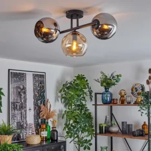 hofstein Koyoto Plafonnier, Boule lumineuse Ambre, Chrome, Fumé, 3 lumières* Lampes Modernes