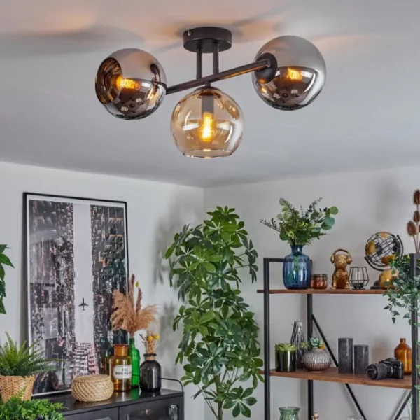 hofstein Koyoto Plafonnier, Boule lumineuse Ambre, Chrome, Fumé, 3 lumières* Lampes Modernes
