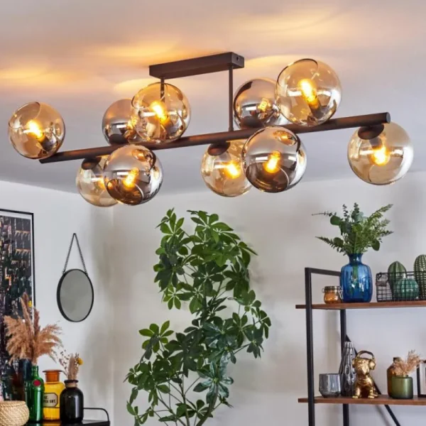 hofstein Koyoto Plafonnier, Boule lumineuse Ambre, Chrome, Fumé, 10 lumières* Lampes Modernes