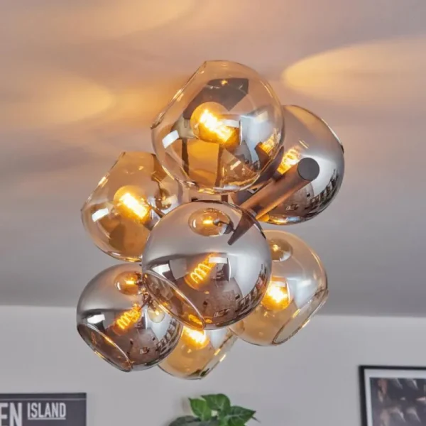 hofstein Koyoto Plafonnier, Boule lumineuse Ambre, Chrome, Fumé, 8 lumières* Lampes Modernes