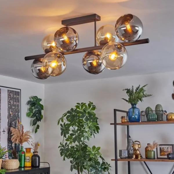 hofstein Koyoto Plafonnier, Boule lumineuse Ambre, Chrome, Fumé, 8 lumières* Lampes Modernes