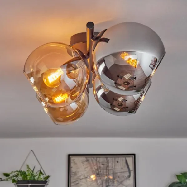 hofstein Koyoto Plafonnier, Boule lumineuse Ambre, Chrome, Fumé, 4 lumières* Lampes Modernes