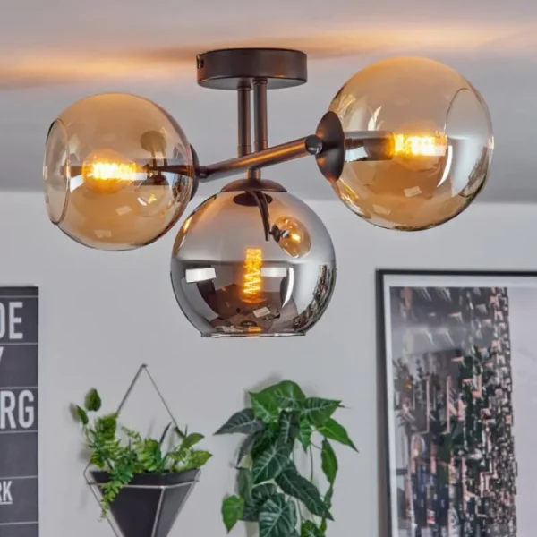 hofstein Koyoto Plafonnier, Boule lumineuse Ambre, Chrome, Fumé, 3 lumières* Lampes Modernes