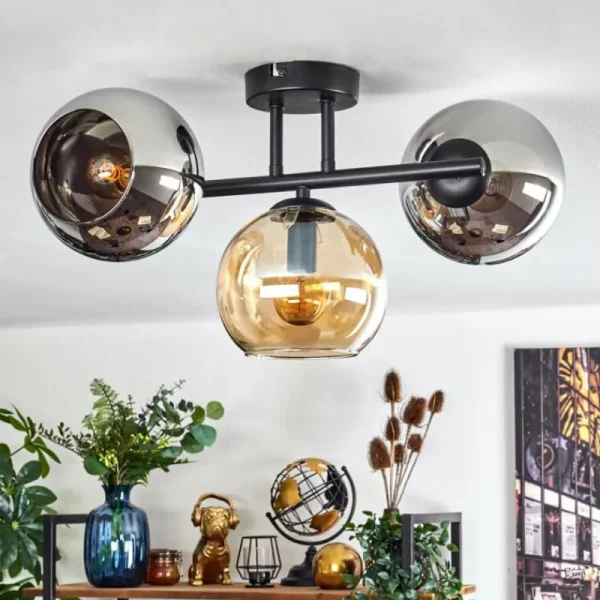 hofstein Koyoto Plafonnier, Boule lumineuse Ambre, Chrome, Fumé, 3 lumières* Lampes Modernes