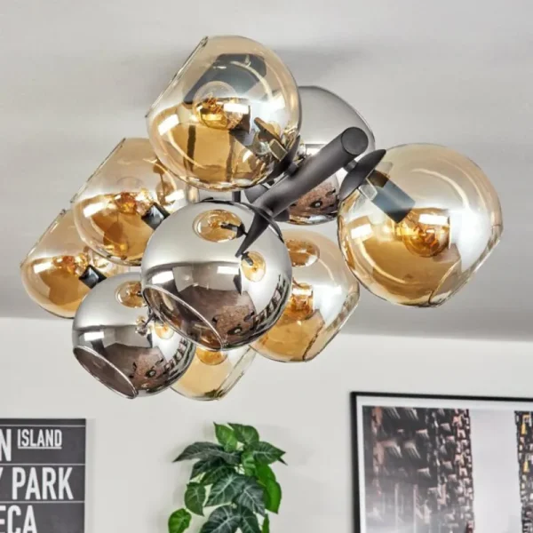 hofstein Koyoto Plafonnier, Boule lumineuse Ambre, Chrome, Fumé, 10 lumières* Lampes Modernes