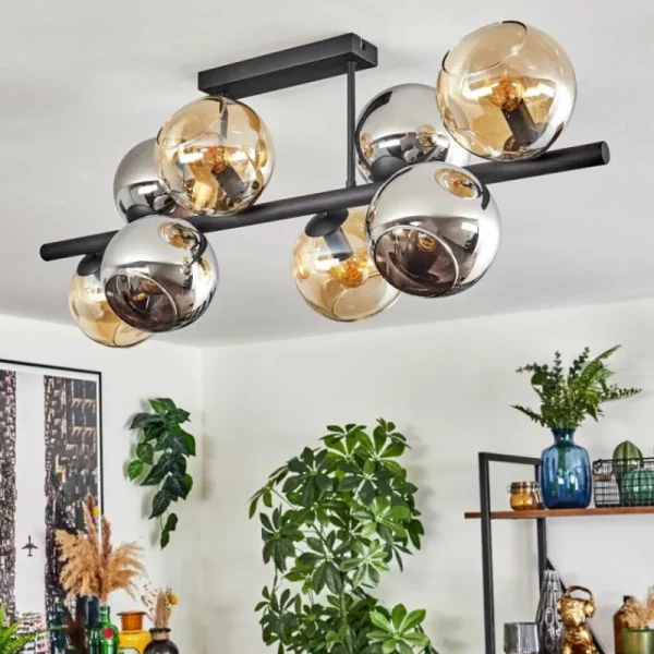 hofstein Koyoto Plafonnier, Boule lumineuse Ambre, Chrome, Fumé, 8 lumières* Lampes Modernes