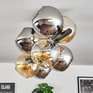 hofstein Koyoto Plafonnier, Boule lumineuse Ambre, Chrome, Fumé, 8 lumières* Lampes Modernes