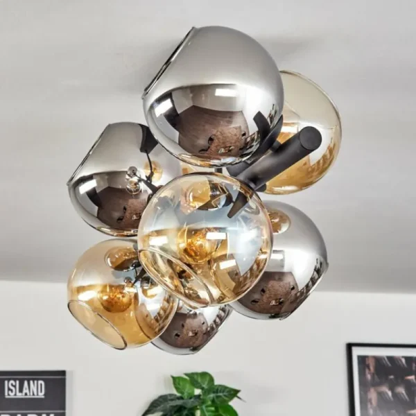 hofstein Koyoto Plafonnier, Boule lumineuse Ambre, Chrome, Fumé, 8 lumières* Lampes Modernes