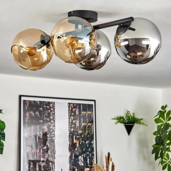 hofstein Koyoto Plafonnier, Boule lumineuse Ambre, Chrome, Fumé, 4 lumières* Lampes Modernes