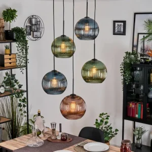 hofstein Koyoto Suspension, Boule lumineuse, Suspension grappe Bleu, Vert, Cuivré, 5 lumières* Lampes Modernes