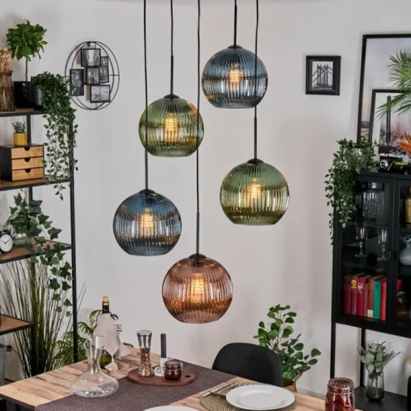 hofstein Koyoto Suspension, Boule lumineuse, Suspension grappe Bleu, Vert, Cuivré, 5 lumières* Lampes Modernes