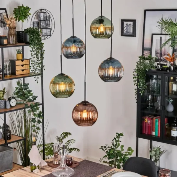 hofstein Koyoto Suspension, Boule lumineuse, Suspension grappe 45 cm Bleu, Vert, Cuivré, 5 lumières* Lampes Modernes