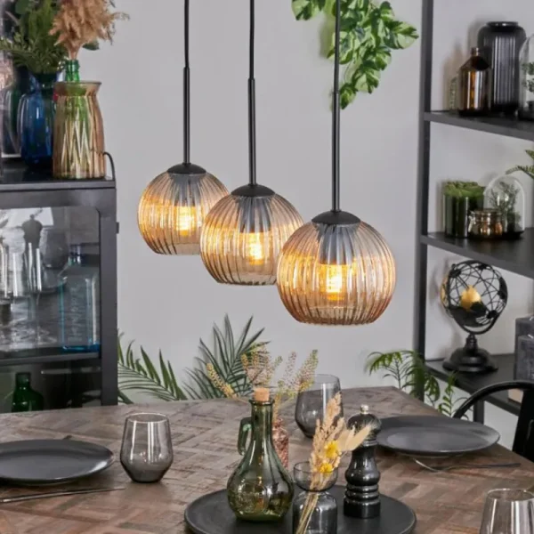 hofstein Koyoto Suspension, Boule lumineuse, Suspension Ambre, 3 lumières* Lampes Modernes