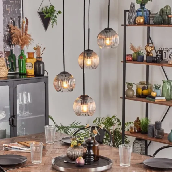 hofstein Koyoto Suspension, Boule lumineuse, Suspension Ambre, Clair, Fumé, 4 lumières* Lampes Modernes