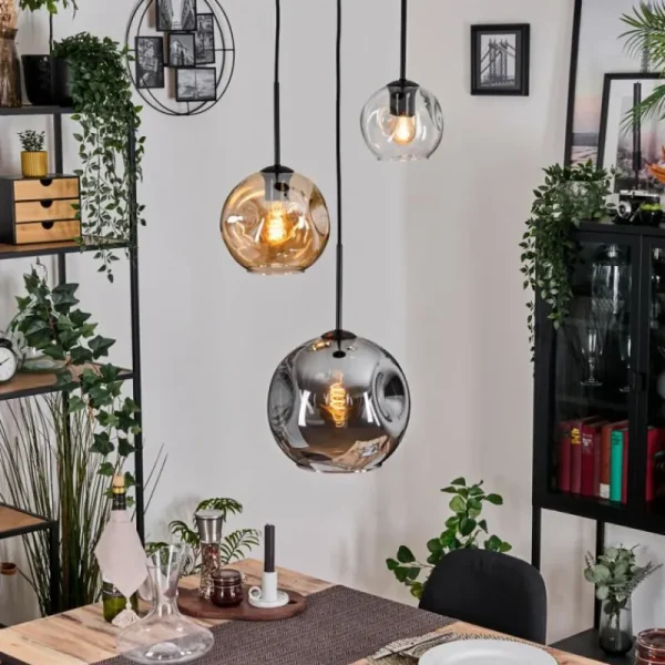 hofstein Koyoto Suspension, Boule lumineuse, Suspension, Suspension grappe Ambre, Clair, Fumé, 3 lumières* Lampes Modernes