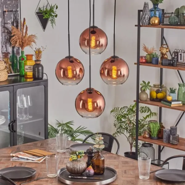hofstein Koyoto Suspension, Boule lumineuse 35 cm Clair, Cuivré, 4 lumières* Lampes En Verre