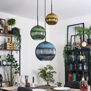 hofstein Koyoto Suspension, Boule lumineuse, Suspension grappe 30 cm Bleu, Or, Vert, 3 lumières* Lampes En Verre