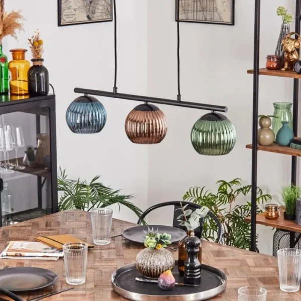 hofstein Koyoto Suspension, Boule lumineuse, Suspension Bleu, Vert, Cuivré, 3 lumières* Lampes Modernes