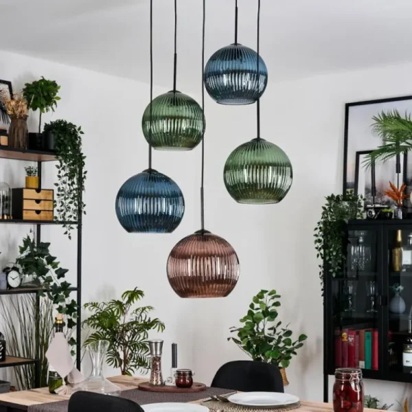 hofstein Koyoto Suspension, Boule lumineuse, Suspension grappe Bleu, Vert, Cuivré, 5 lumières* Lampes Modernes