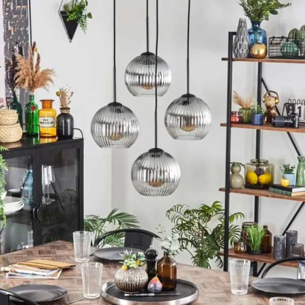 hofstein Koyoto Suspension, Boule lumineuse 35 cm Clair, Fumé, 4 lumières* Lampes Modernes