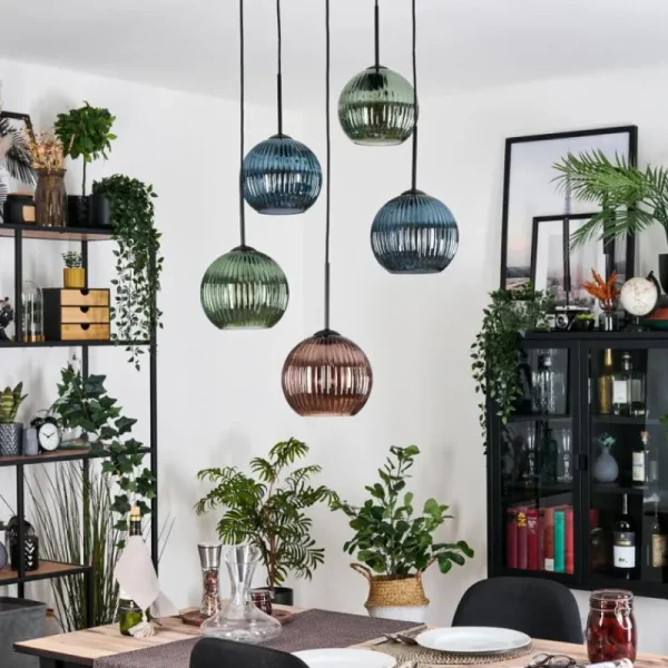 hofstein Koyoto Suspension, Boule lumineuse, Suspension grappe 45 cm Bleu, Vert, Cuivré, 5 lumières* Lampes Modernes