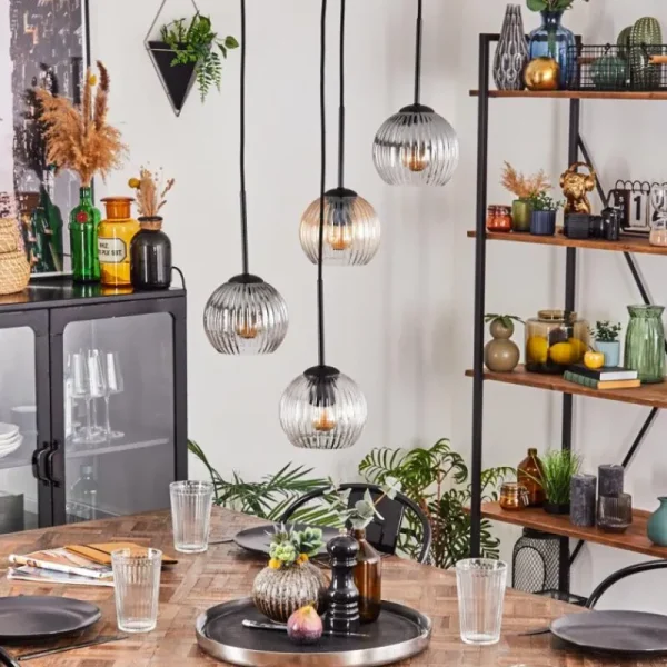 hofstein Koyoto Suspension, Boule lumineuse, Suspension Ambre, Clair, Fumé, 4 lumières* Lampes Modernes