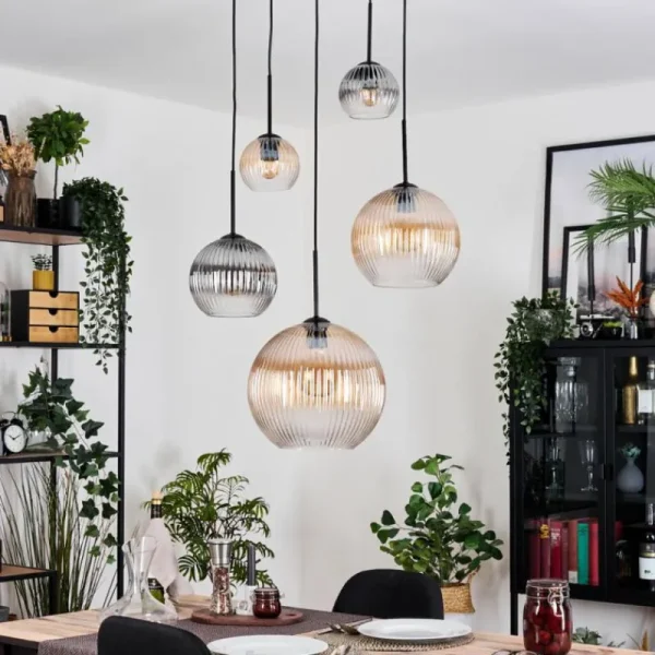 hofstein Koyoto Suspension, Boule lumineuse, Suspension grappe Ambre, Clair, Fumé, 5 lumières* Lampes Modernes