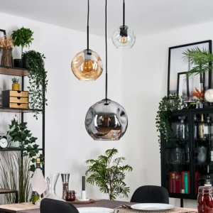 hofstein Koyoto Suspension, Boule lumineuse, Suspension, Suspension grappe Ambre, Clair, Fumé, 3 lumières* Lampes Modernes
