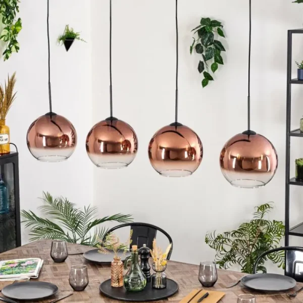hofstein Koyoto Suspension, Boule lumineuse, Suspension Clair, Cuivré, 4 lumières* Lampes En Verre
