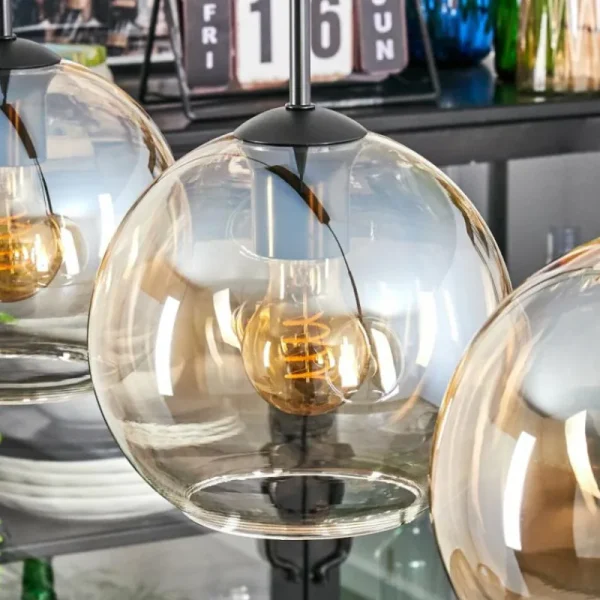 hofstein Koyoto Suspension, Boule lumineuse, Suspension Ambre, Clair, 3 lumières* Lampes En Verre
