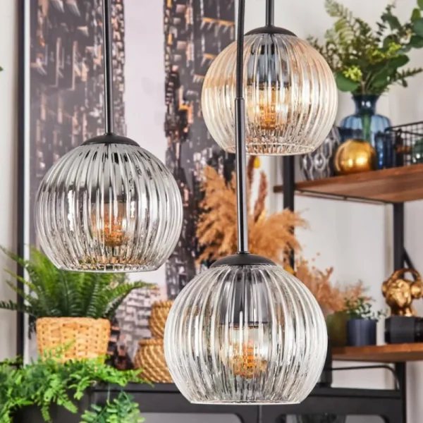 hofstein Koyoto Suspension, Boule lumineuse, Suspension Ambre, Clair, Fumé, 4 lumières* Lampes Modernes