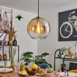hofstein Koyoto Suspension, Boule lumineuse, Suspension Or, Noir, 1 lumière* Lampes En Verre