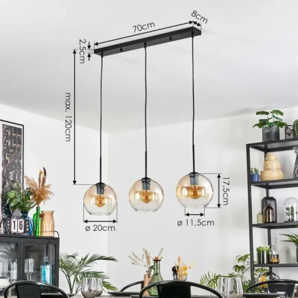 hofstein Koyoto Suspension, Boule lumineuse, Suspension Ambre, Clair, 3 lumières* Lampes En Verre