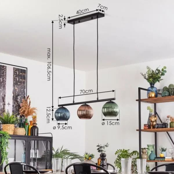 hofstein Koyoto Suspension, Boule lumineuse, Suspension Bleu, Vert, Cuivré, 3 lumières* Lampes Modernes