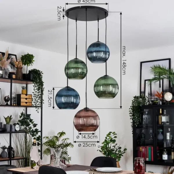 hofstein Koyoto Suspension, Boule lumineuse, Suspension grappe Bleu, Vert, Cuivré, 5 lumières* Lampes Modernes